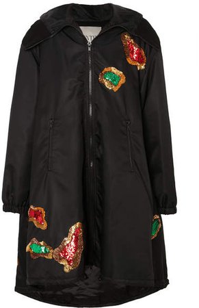 Hooded Sequin-embellished Shell Coat - Black