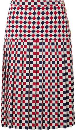 Pleated Checked Wool-blend Crepe Midi Skirt - Red