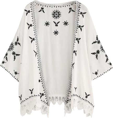 SweatyRocks Women's Floral Lace Crochet Kimono Cardigan Beach Wear Cover up White#7 L at Amazon Women’s Clothing store