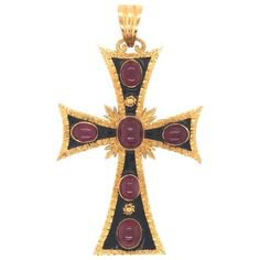 1stdibs Ruby Yellow Gold Revival 18 Karat Cross Pendant Gothic