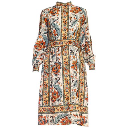 1970s Brenner Couture Fine Wool Victorian Indian Paisley Stripe Print Dress For Sale at 1stDibs