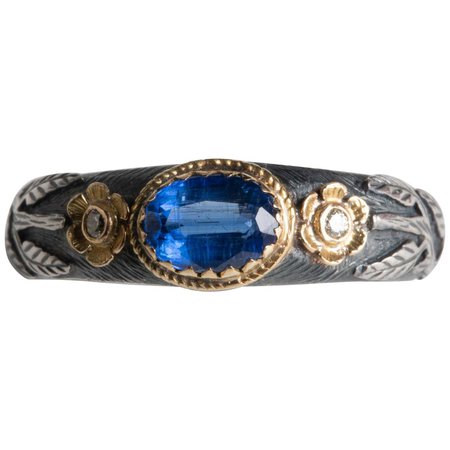 Blue Kyanite and Diamond 18 Karat Gold and Sterling Silver Ring For Sale at 1stDibs