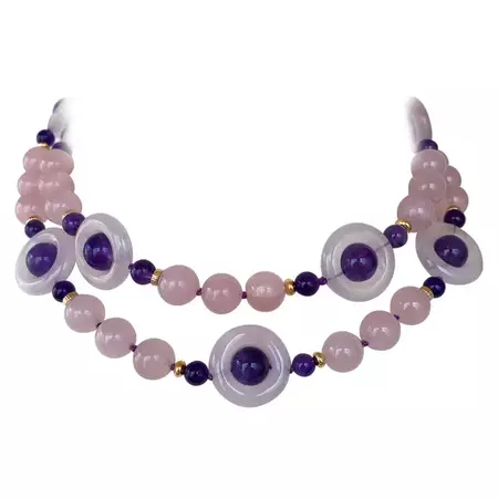 Marina J. Rose Quartz and Amethyst Necklace with Gold-Plated Toggle Clasp For Sale at 1stDibs | rose quartz and amethyst necklace, j.rosee necklace