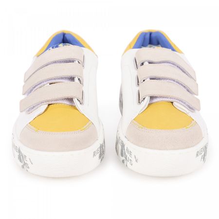 Premiata Kids Logo Velcro Strap Sneakers in White and Yellow - BAMBINIFASHION.COM