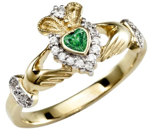 Ladies Emerald Diamond Gold Silver Claddagh Ring