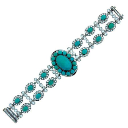 Greenleaf and Crosby Turquoise Diamond Gold Bracelet For Sale at 1stDibs