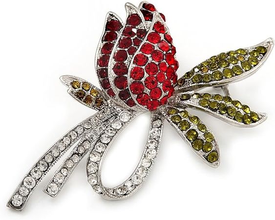 Amazon.com: Rhodium Plated Crystal Rose Brooch (Red, Burgundy, Green & Clear): Brooches And Pins: Clothing, Shoes & Jewelry