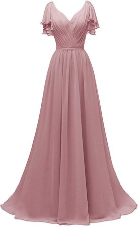 Yexinbridal Ruffle Sleeves V-Neck Chiffon Bridesmaid Dress Long Fomal Evening Gowns Black 2 at Amazon Women’s Clothing store