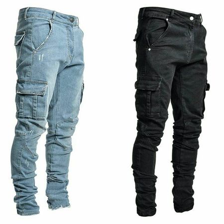 Jeans Men Pants Casual Trousers Multi Pocket Cargo Jeans Men Pencil Pants | eBay