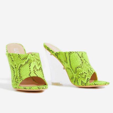 Candy Perspex Wedge Peep Toe Mule In Lime Green Snake Print Faux Leather | EGO