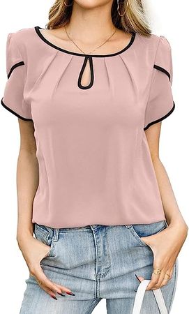 TASAMO Women's Casual Summer Blouses Pleated Petal Cap Sleeve Round Neck Keyhole Loose Shirt Top Classic Elegant Work Blouse at Amazon Women’s Clothing store