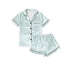 LYANER Women's Striped Silky Satin Pajamas Short Sleeve Top with Shorts Sleepwear PJ Set Pink Medium at Amazon Women’s Clothing store