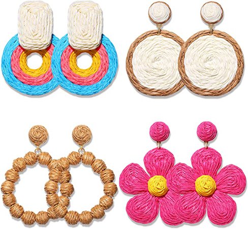 Amazon.com: 4 Pairs Statement Raffia Earrings Rattan Earrings for Women Handmade Geometric Woven Straw Raffia Drop Dangle Earrings Rattan Flower Earrings Summer Beach Jewelry (4 Pairs): Clothing, Shoes & Jewelry