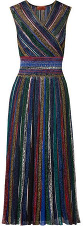 Wrap-effect Striped Metallic Crochet-knit Midi Dress - Purple