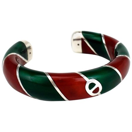 Vintage Gucci Sterling Silver Red and Green Enamel Designer Cuff Bangle