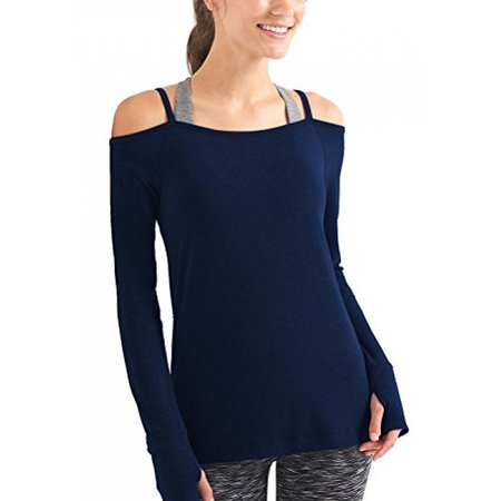 Mippo Women's Sexy Cold Shoulder Workout Tops Casual Loose Backless Yoga Tanks Criss Cross Long Sleeve Shirt With Thumb Hole Navy Blue M