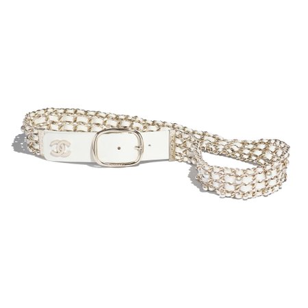 Lambskin, Gold-Tone Metal & Glass Pearls White Belt | CHANEL