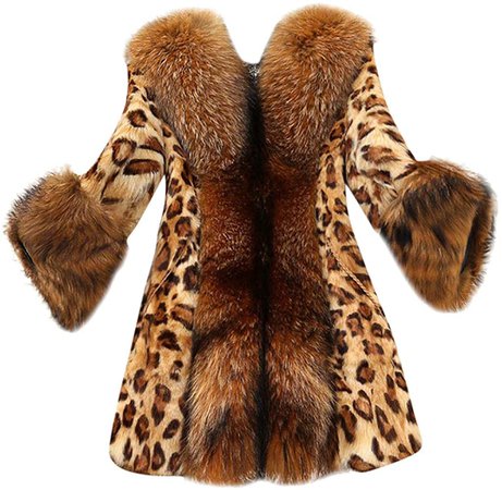 Amazon.com: JMETRIE Women's Faux Fur Collar Classic Leopard Medium Long Coat Jacket Yellow: Clothing