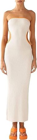 Thopavenoir Women's Knit Strapless Maxi Dress Side Cutout Backless Ribbed Long Dresses Bodycon Y2k Tube Top Beach Dresses at Amazon Women’s Clothing store