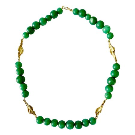 Vintage 1960s Green Aventurine And 18ct Yellow Gold Necklace