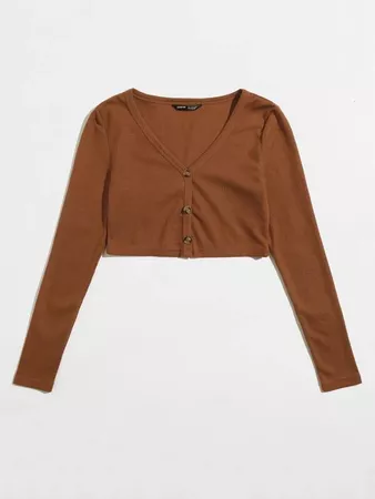 Button Front Waffle Knit Crop Tee | SHEIN USA brown