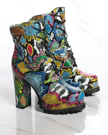 Women's Snake Print Lace Up Platform Chunky Heel Boots - Snake Multi – Vim Vixen