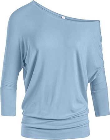 Simlu Dolman 3/4 Sleeve Drape Round Neck Top With Banded Waist - Made In USA, Baby Blue, X-Large at Amazon Women’s Clothing store