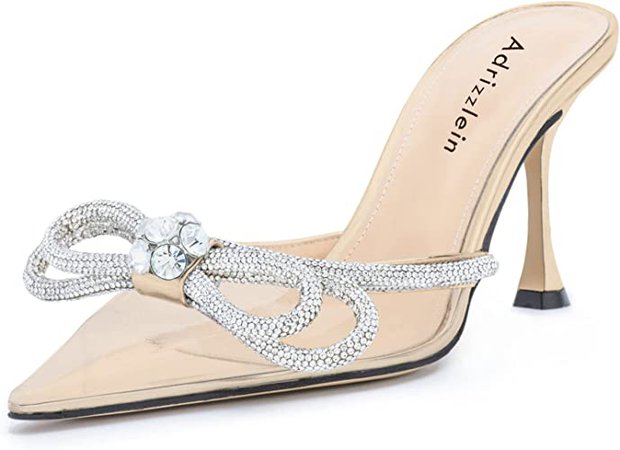 Amazon.com | Adrizzlein Woman High Heeled Mules with Bow Clear Pointed Toe Stiletto Sandals Fashion Rhinestone Crystal Party Shoes PVC Slip on Backless Stiletto Mules Wedding Bridal Shoes Nude Size 6.5 | Heeled Sandals