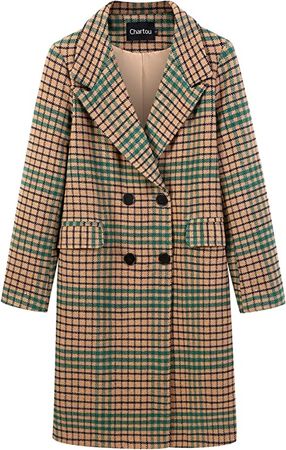 Amazon.com: CHARTOU Women's Winter Oversize Lapel Collar Woolen Plaid Double Breasted Long Peacoat Jacket (Small, Green) : Clothing, Shoes & Jewelry