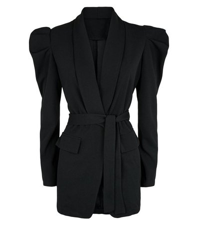 Cameo Rose Black Puff Sleeve Belted Blazer | New Look