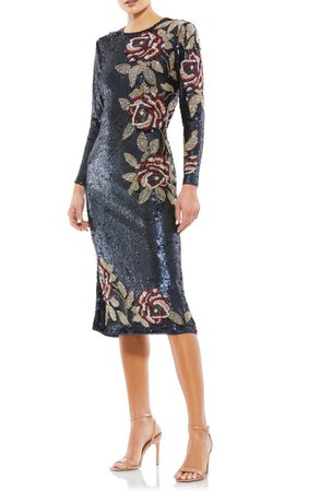Mac Duggal Beaded Rose Long Sleeve Sequin Midi Dress | Nordstrom