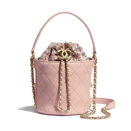 Calfskin, Tweed & Gold-Tone Metal Light Pink & Multicolor Small Drawstring Bag | CHANEL