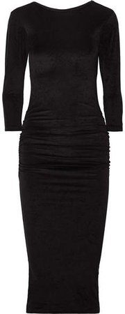 Gathered Stretch-velvet Midi Dress - Black