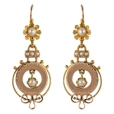 French 19th Century Natural Pearl 18 Karat Rose Gold Dangle Earrings For Sale at 1stDibs