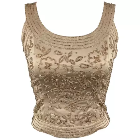NEIMAN MARCUS Size 2 Beige Beaded Satin Shell Top For Sale at 1stDibs