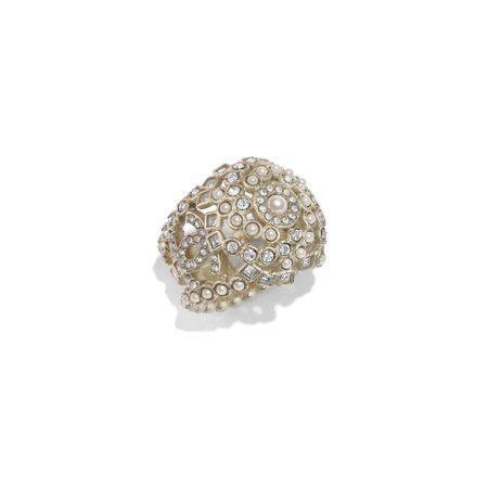 Metal, Glass Pearls Strass Gold, Pearly White Crystal Ring | CHANEL