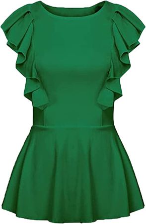 Women Round Neck Ruffle Sleeveless Peplum Bodycon Blouse Shirts Tops Dark Green L at Amazon Women’s Clothing store