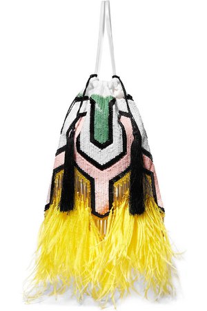 Attico | Tasseled feather-trimmed sequined satin pouch | NET-A-PORTER.COM