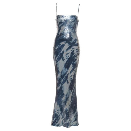 Christian Dior by John Galliano blue bleached denim print sequin dress, fw 2000 For Sale at 1stDibs