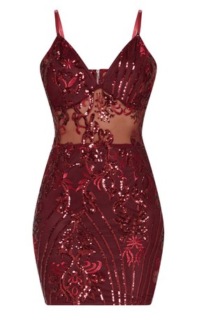 Burgundy Strappy Sheer Panel Sequin Bodycon Dress