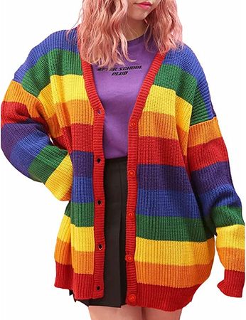 Women’s Knit Cardigan Rainbow Stripe Long Loose Sweater Coat (OneSize) at Amazon Women’s Clothing store