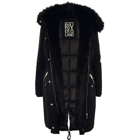 Black faux fur trim longline parka - Coats - Coats & Jackets - women