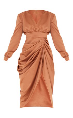 Brown Satin Wrap Long Sleeve Draped Midi Dress | PrettyLittleThing USA