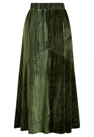 Flare Hem Velvet Midi Skirt in Green - Retro, Indie and Unique Fashion