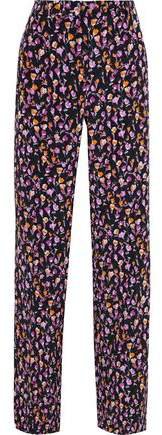 Satin-trimmed Floral-print Silk-crepe Wide-leg Pants