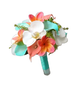 Wedding Coral and Turquoise Aqua Natural Touch Orchids, Callas and Plumerias Silk Flower Wedding Bouquet