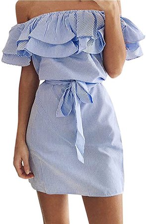 FACE N FACE Women's Casual Off Shoulder Striped Ruffles Strapless Short Dresses Mini Dresses