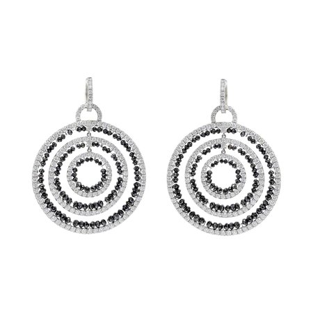 18k White Gold Diamond Open Circle Earrings with White and Black Diamonds For Sale at 1stDibs