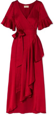 Grace Satin Wrap Midi Dress - Red
