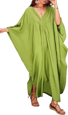 Bsubseach Women Casual Kaftan Dress Batwing Sleeve Plus Size Swimsuit Cover Up Maxi Caftan Dresses Light Green at Amazon Women’s Clothing store